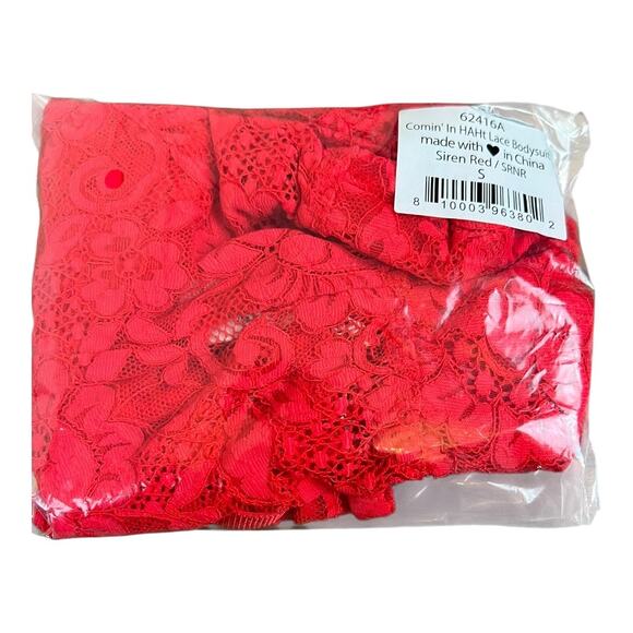 We are HAH / Free People NWT Comin' In HAHt Bodysuit Siren Red S Lace Coquette - Picture 9 of 9